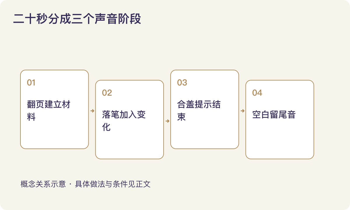 二十秒分成三个声音阶段:翻页建立材料;落笔加入变化;合盖提示结束;空白留尾音