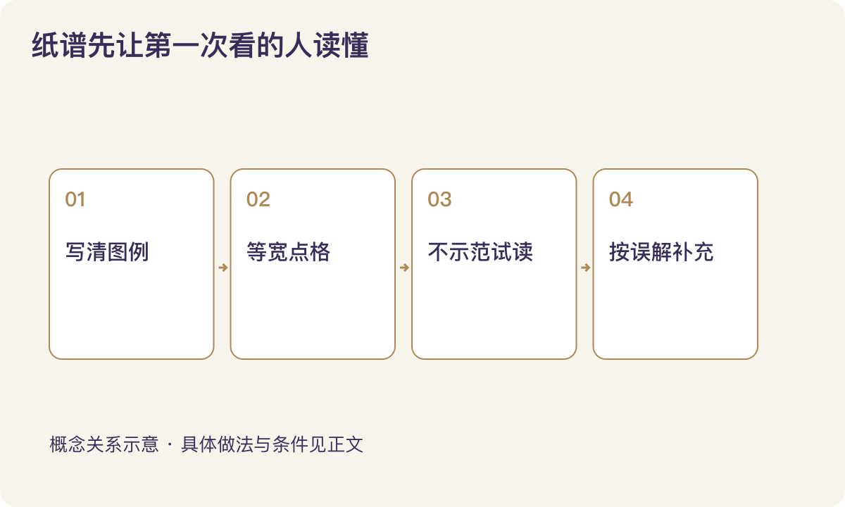 纸谱先让第一次看的人读懂:写清图例;等宽点格;不示范试读;按误解补充