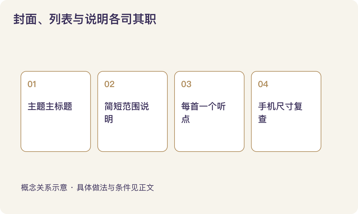封面、列表与说明各司其职：主题主标题；简短范围说明；每首一个听点；手机尺寸复查
