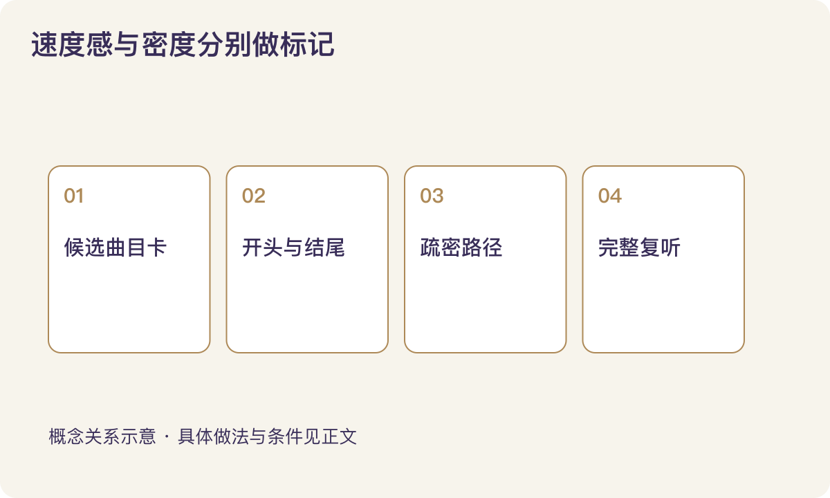 速度感与密度分别做标记：候选曲目卡；开头与结尾；疏密路径；完整复听