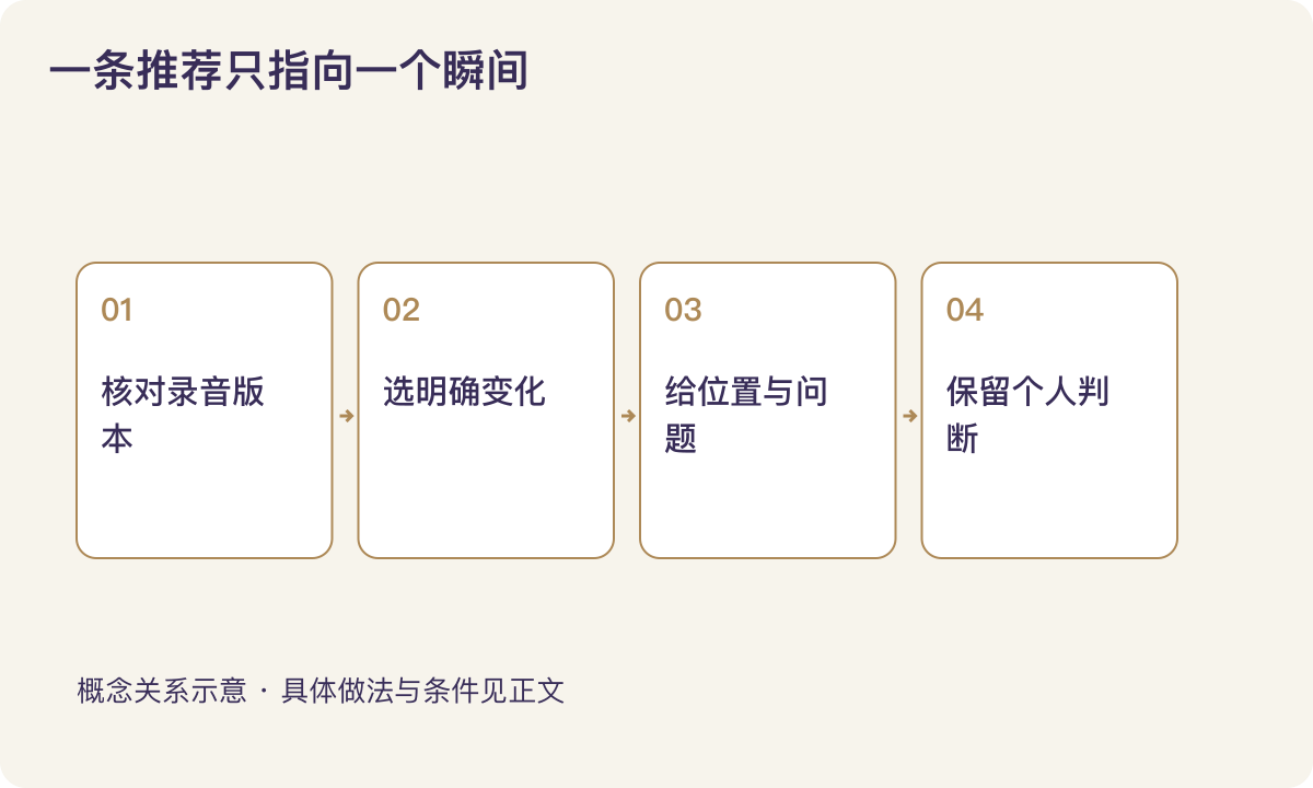 一条推荐只指向一个瞬间：核对录音版本；选明确变化；给位置与问题；保留个人判断