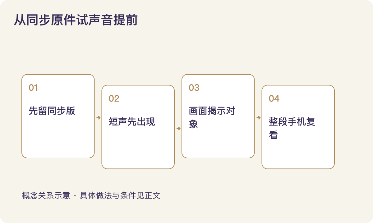 从同步原件试声音提前:先留同步版;短声先出现;画面揭示对象;整段手机复看
