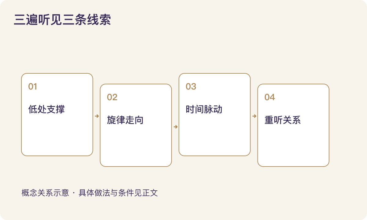 三遍听见三条线索：低处支撑；旋律走向；时间脉动；重听关系